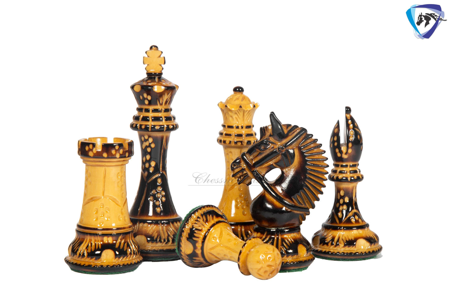 4.1" Staunton Chess pieces Set in Burnt Boxwood with carving-EXCALIBUR  + 23" Ebony wood Chess Board(60MMSQ) + Leather Storage Box COMBO