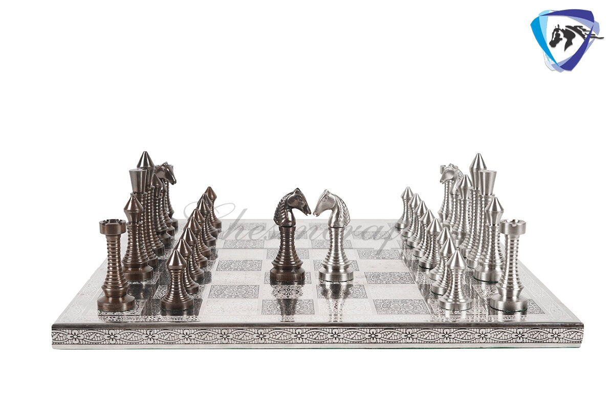 14" Solid Brass Metal CLASSICAL MEENAKARI Hand carved Chess set- Slim chess men Carving with velvet storage box - Brass chess board set