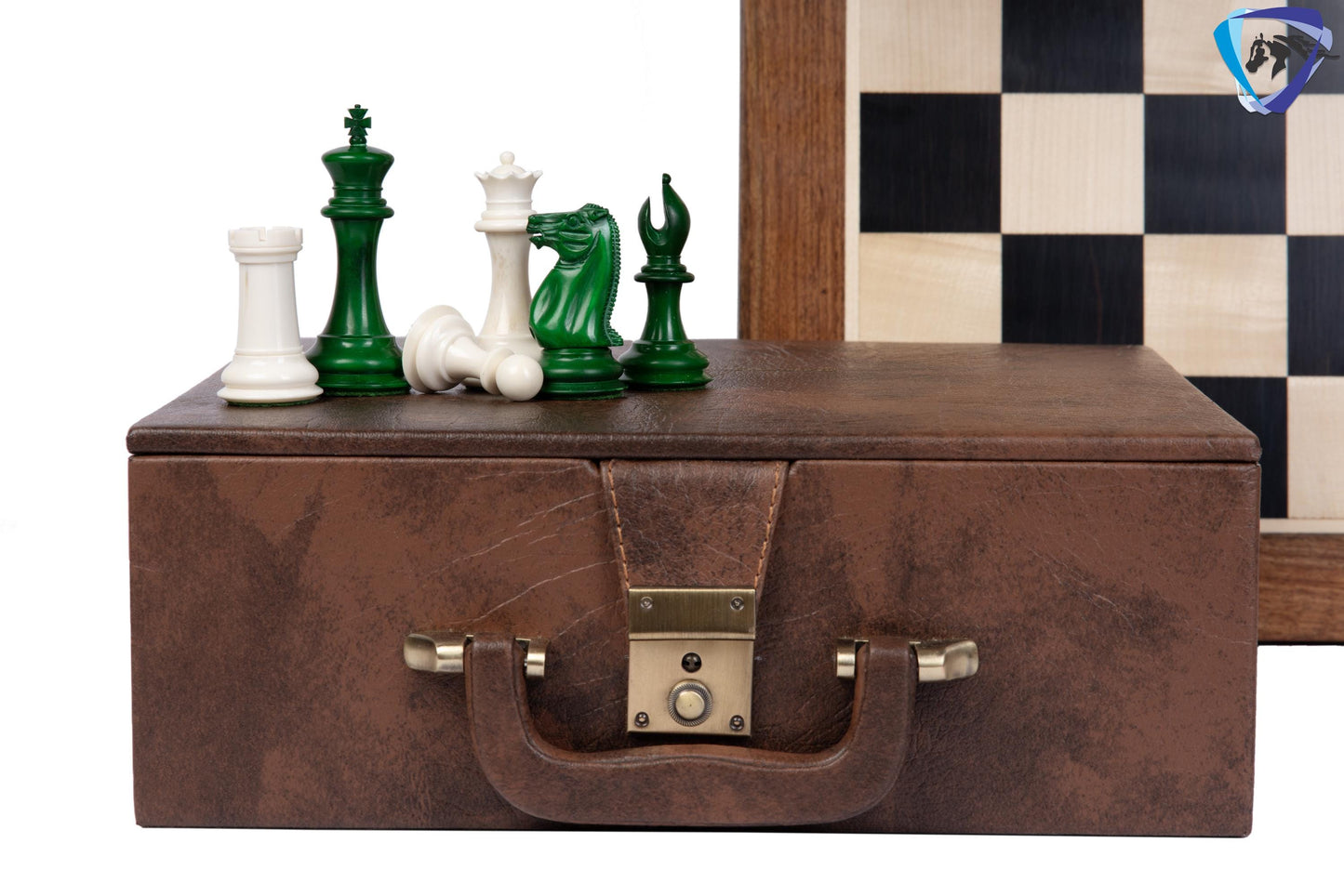 3.75" Camel Bone Staunton chess Pieces set- 1849 reproduced Cooke in Green-White + 21" Ebony wood chess board + Leather Storage Box