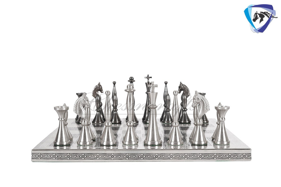 14" Brass Chess Board set ART DECO Chess Pieces - MEENAKARI chess board Hand carved in velvet storage box - Brass chess board set-Chess Gift