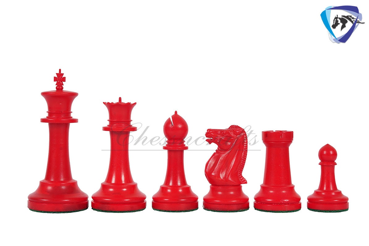 4.2" Camel Bone Staunton chess Pieces set- 1849 Cooke design in Red, Green, Black & White color + Leather storage box combo