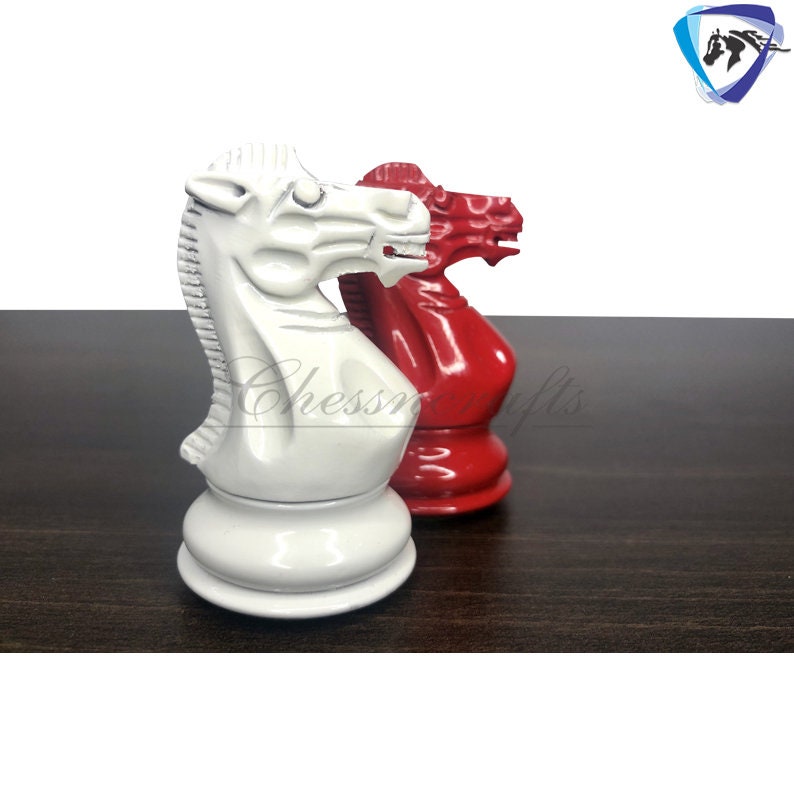 Club Staunton Chess pieces Set Boxwood Painted Red & White - King 3.75"  Weighted 2 Extra Queens- Lacquered glossy polish.
