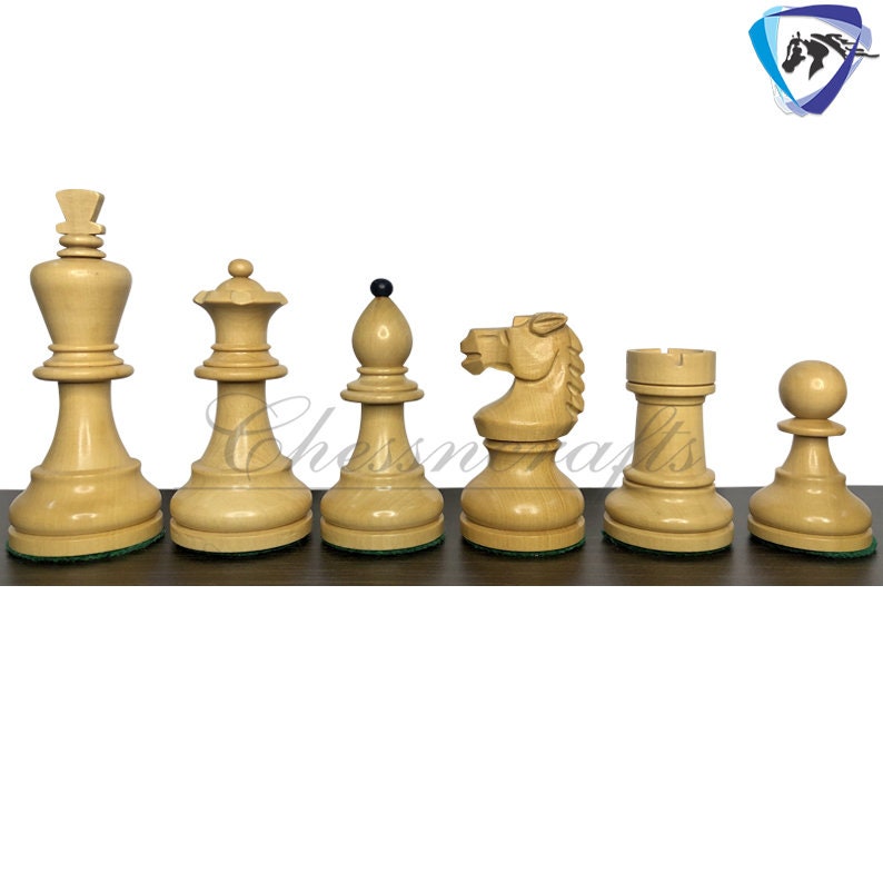 Reproduced Vintage 1950's Circa Bohemia Staunton Series German Chess Set in Ebonized Boxwood & Natural Boxwood - 3.89" King