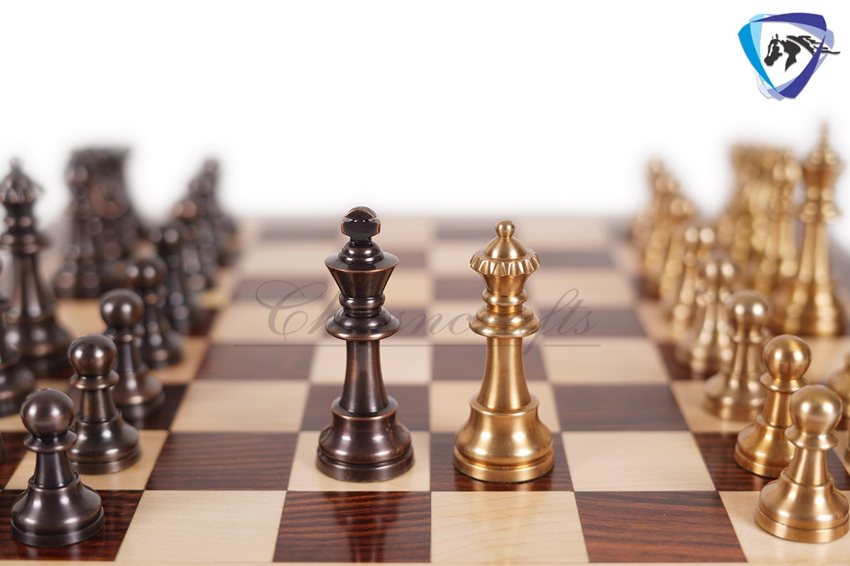 1849 Reproduced Staunton chess pieces set in Brass Metal Antique & Gold polish King: 3.4" + 16" Golden rosewood Chess Board + Storage Box