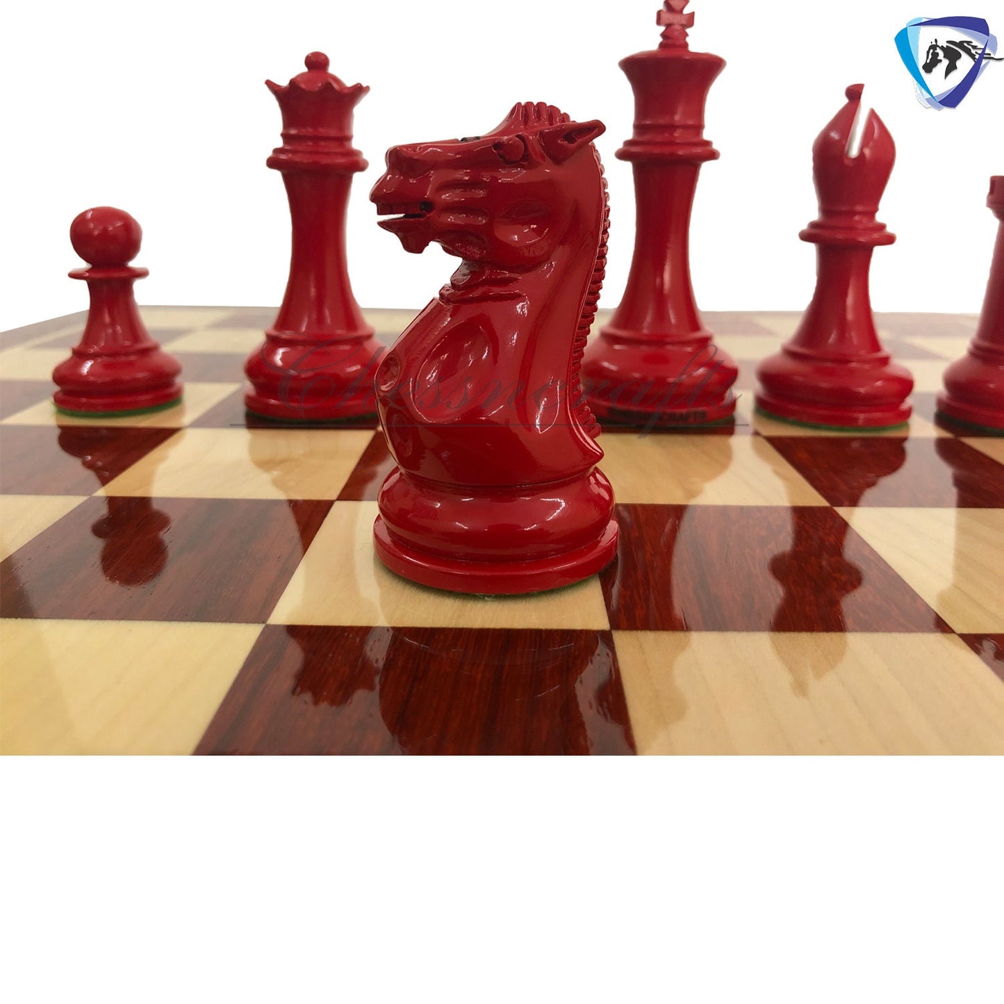 combo of 1849 Reproduced Staunton chess set 4.5" painted with Bud rosewood chess board 19" lacquered