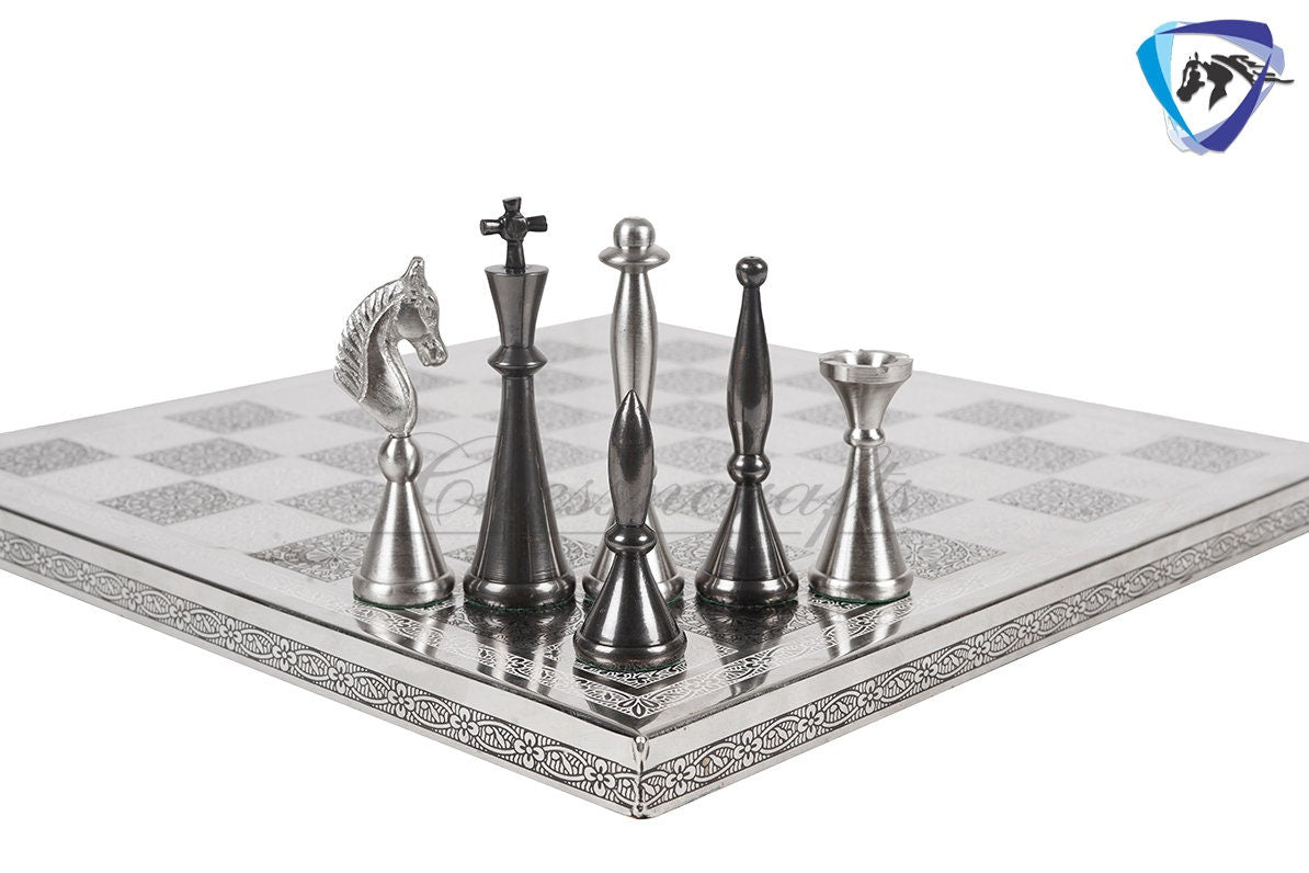 14" Brass Chess Board set ART DECO Chess Pieces - MEENAKARI chess board Hand carved in velvet storage box - Brass chess board set-Chess Gift