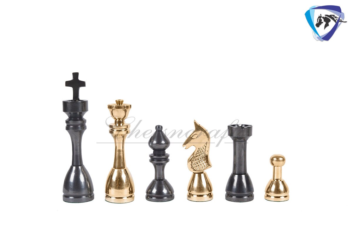 14" Solid Brass Metal Chess set- Apple bottom chess men Carved with velvet storage box - Vintage antique set- Brass Chess board set.
