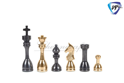 14" Solid Brass Metal Chess set- Apple bottom chess men Carved with velvet storage box - Vintage antique set- Brass Chess board set.