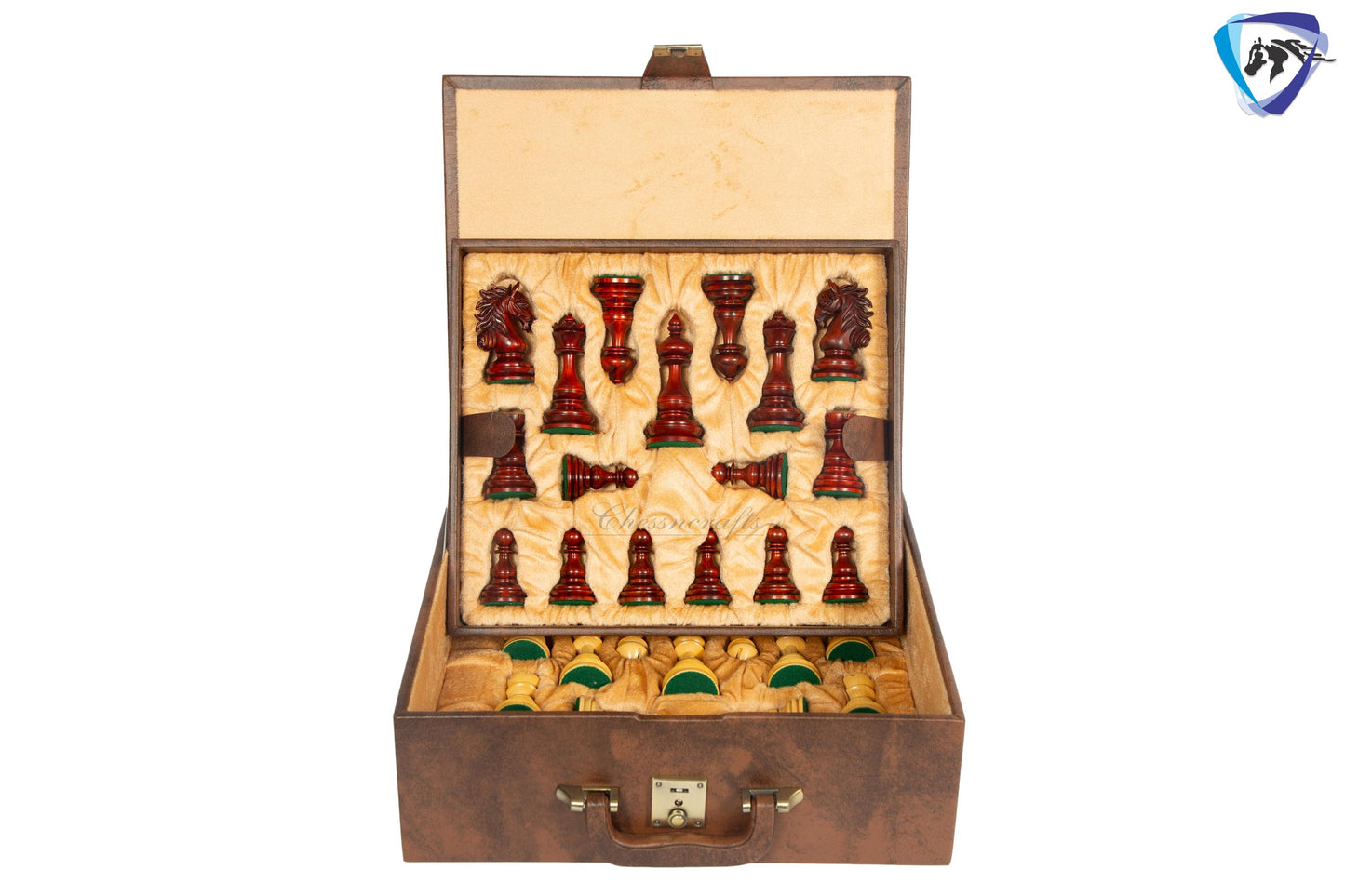 4.5" Staunton Bud Rosewood Chess pieces Set- WILD STALLION + 21" Bud Rosewood Chess Board STEPS Border  + Leatherette storage Box.