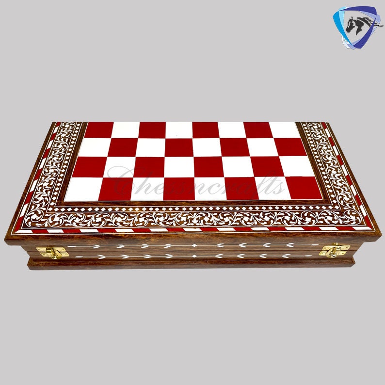 Combo of 16" INLAY ART WORK Wooden folding chess board and 4" Camel Bone Chess pieces Set Red & White