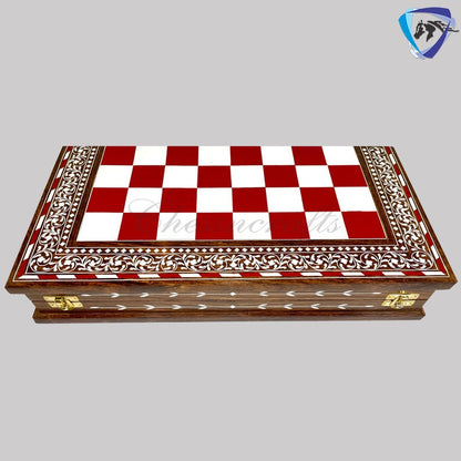 Combo of 16" INLAY ART WORK Wooden folding chess board and 4" Camel Bone Chess pieces Set Red & White