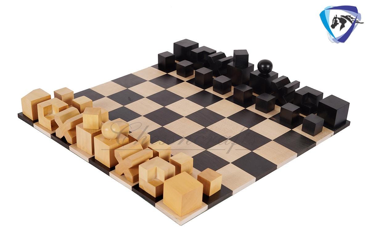 1923 Bauhaus Chess pieces set in Ebonized Boxwood King: 2" vintage chess pieces set + 12" Ebony wood Foldable Roll up chess board set Combo