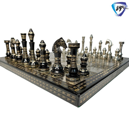 14" Solid Brass Metal Classic CONTEMPORARY Hand carved Chess set- Slim chess men Carving with velvet storage box - Brass chess board set