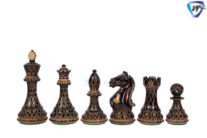 4" Fierce Knight Staunton Chess pieces Set in Burnt Boxwood with carving + 21" Ebony wood Chess Board + Leather Storage Box COMBO