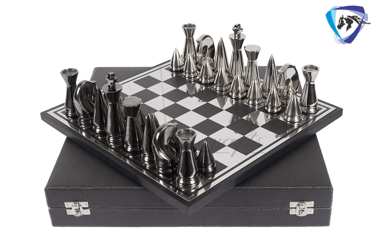 14" ART DECO Metal Chess Board Set designer King 4" Chess pieces with Chess board Modern Home Decor, Chess Gift-Leather Box