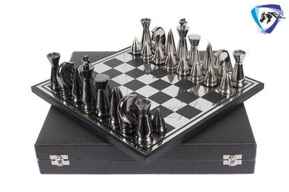 14" ART DECO Metal Chess Board Set designer King 4" Chess pieces with Chess board Modern Home Decor, Chess Gift-Leather Box