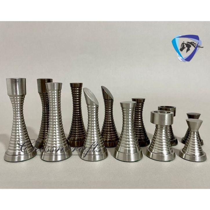 3.5" Solid Brass Chess pieces set RING STEEL SLEEK Silver & Antique Polish Minimalist Brass Chess Pieces set.