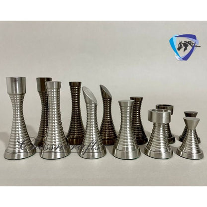 3.5" Solid Brass Chess pieces set RING STEEL SLEEK Silver & Antique Polish Minimalist Brass Chess Pieces set.