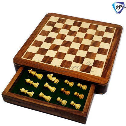 Wooden Magnetic Travel chess board game set flat w/ Drawer Golden Rosewood Hand crafted with Staunton Chess men + storage + Personalisation