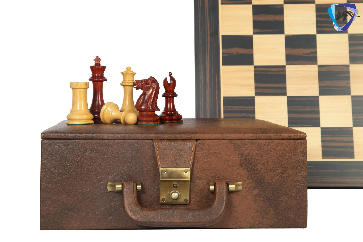 3.75" Staunton Chess Pieces Set 1849 Reproduced in Bud Rosewood & Boxwood + 21" Ebony look chess board(sq 55mm) + Leather Storage box