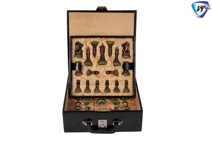4" Fierce Knight Staunton Chess pieces Set in Burnt Boxwood with carving + 21" Ebony wood Chess Board + Leather Storage Box COMBO