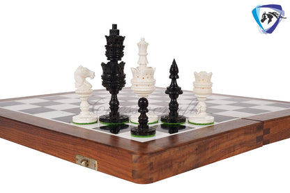 4.1" Camel bone chess set Lotus handmade Carved chess pieces | chess gift| christmas gift | chess board set | Inlaid foldable chess board
