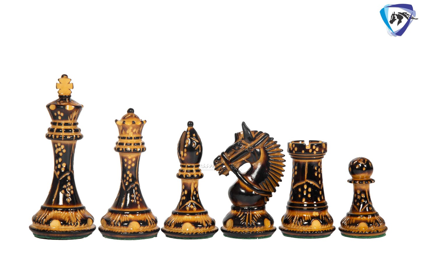 4.1" Staunton Chess pieces Set in Burnt Boxwood with carving-EXCALIBUR  + 23" Ebony wood Chess Board(60MMSQ) + Leather Storage Box COMBO