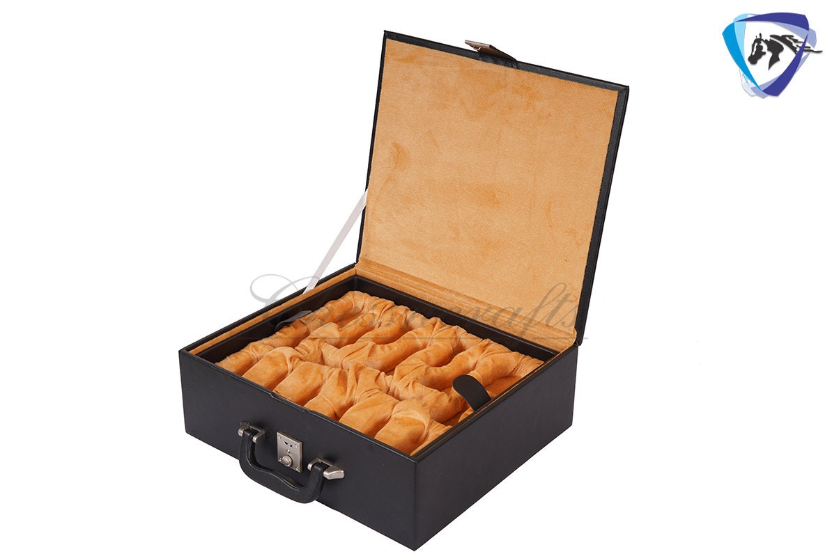 Leatherette Coffer Storage box for Chess Pieces of king Height: 3.75" to 4" and 4.0" to 4.5"- 2 Trays, Velvet lining & Lock w/ handle.
