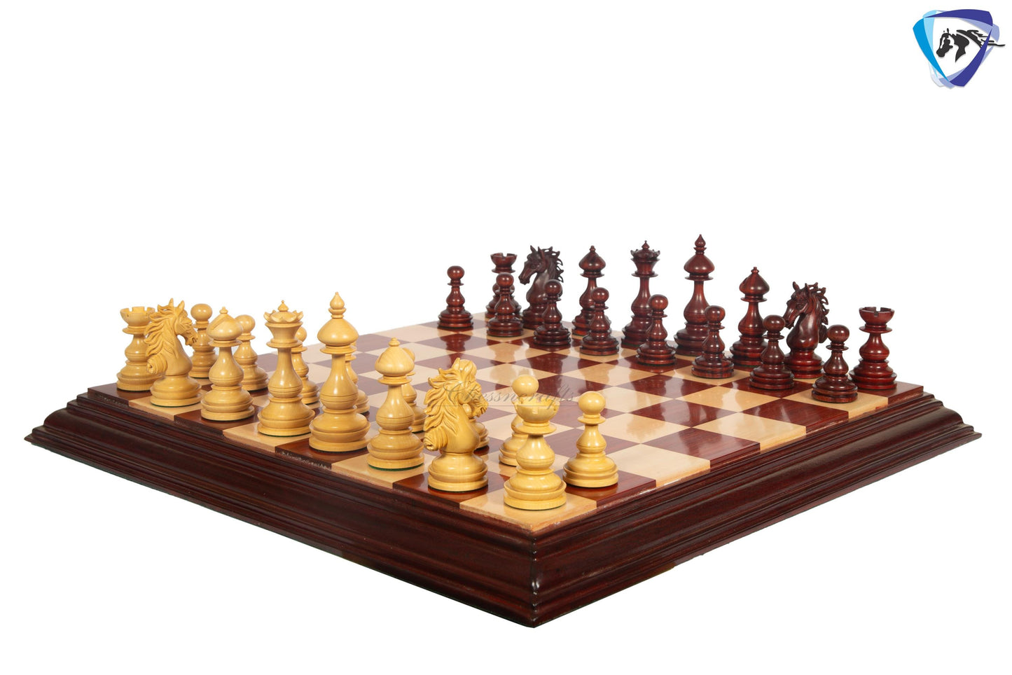 4.5" Staunton Bud Rosewood Chess pieces Set- WILD STALLION + 21" Bud Rosewood Chess Board STEPS Border  + Leatherette storage Box.