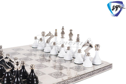 14" Brass Chess Board set- Modern Classic Hand carved- Soviet BLACK & WHITE EDITION chess pieces in velvet storage box - Chess Gift for Him