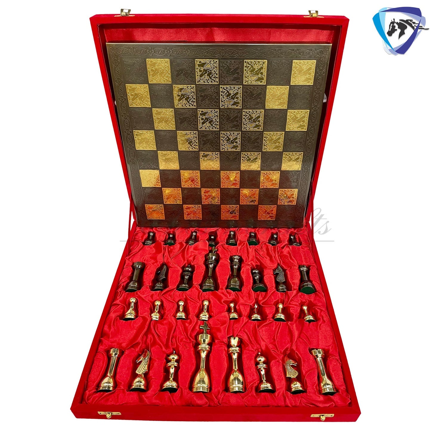 14" Solid Brass Metal Chess set- Apple bottom chess men Carved with velvet storage box - Vintage antique set- Brass Chess board set.