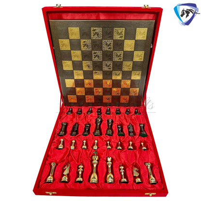 14" Solid Brass Metal Chess set- Apple bottom chess men Carved with velvet storage box - Vintage antique set- Brass Chess board set.