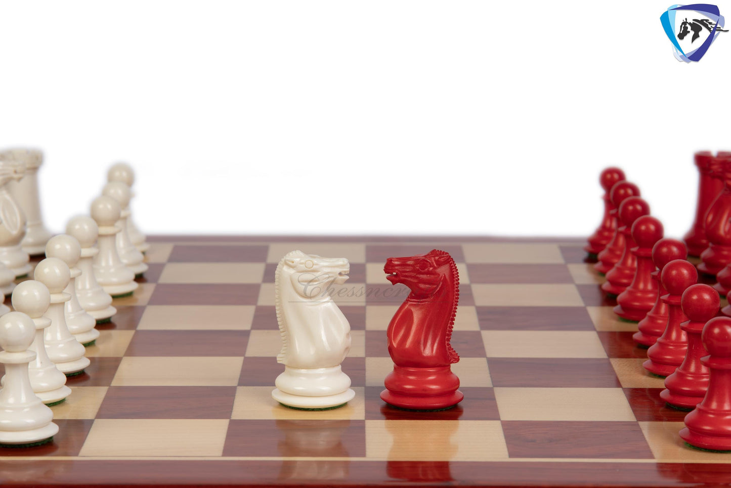 3.75" Camel Bone Staunton chess Pieces set- 1849 reproduced Cooke in Red & white color + 21" Bud rosewood chess board + Leather Storage Box