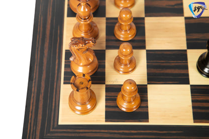3.75" Staunton Chess Pieces Set 1849 Reproduced Antiqued Distressed & Ebony wood + 21" Ebony look chess board(sq 55mm) + Leather Storage box