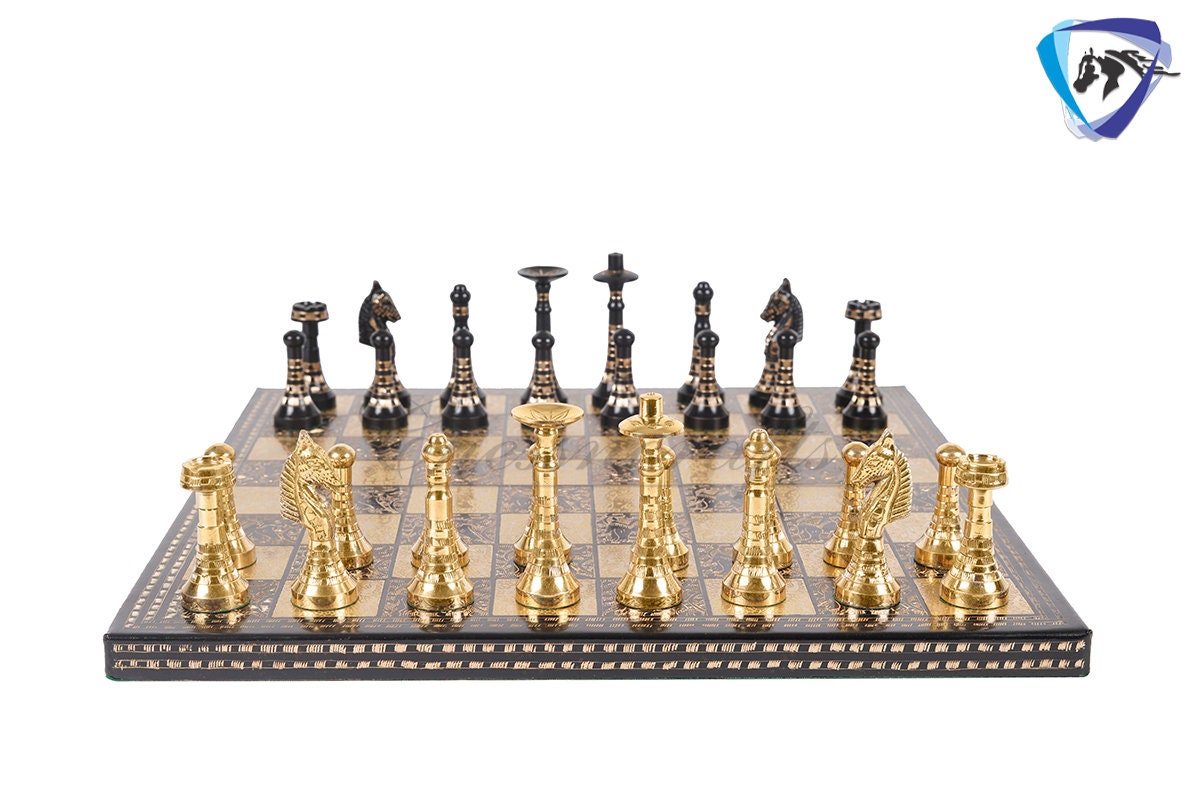 14" Solid Brass Metal Classic HUNGARIAN Hand carved Chess set- BLACK-GOLD Slim chess men Carving with velvet storage box Chess board set.