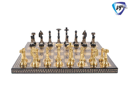 14" Solid Brass Metal Classic HUNGARIAN Hand carved Chess set- BLACK-GOLD Slim chess men Carving with velvet storage box Chess board set.