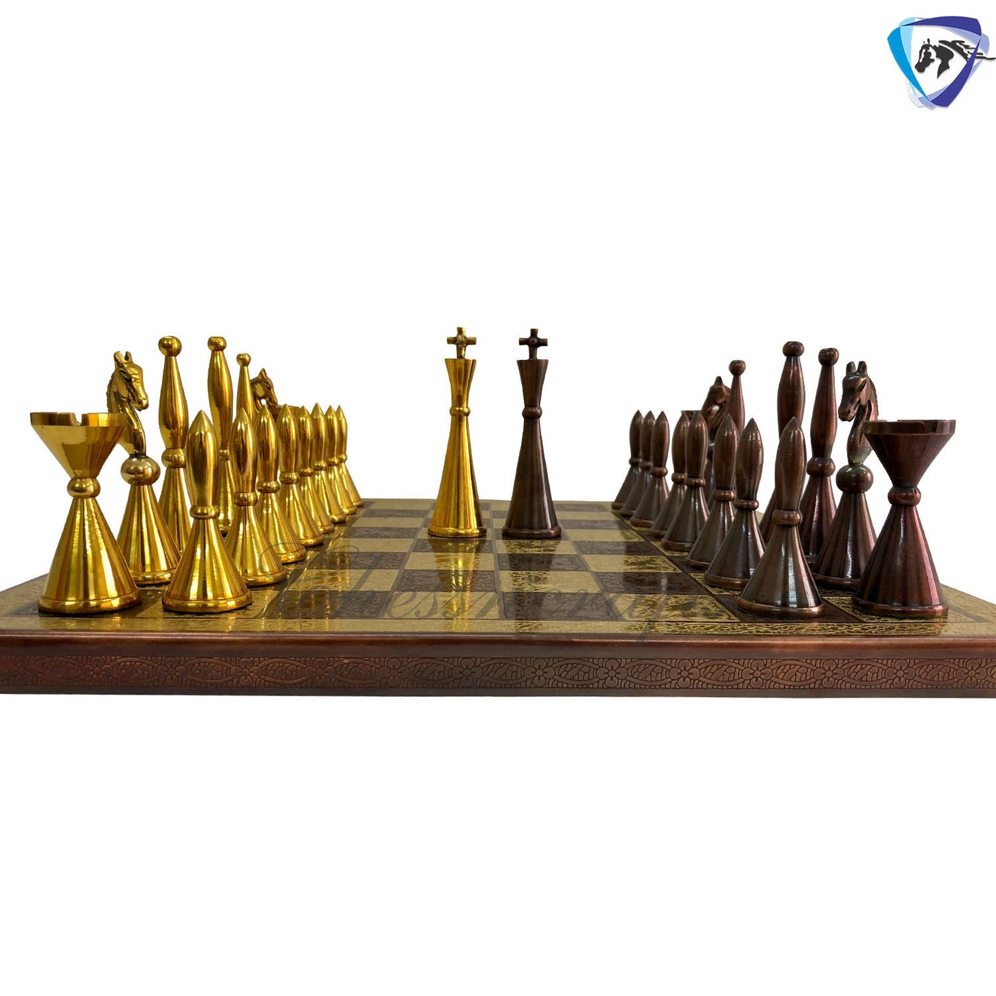 12" Brass Chess Board set- ART DECO TOWER Chess men with Hand Carved chess board + velvet storage box - Gift for Him- Chess Gift