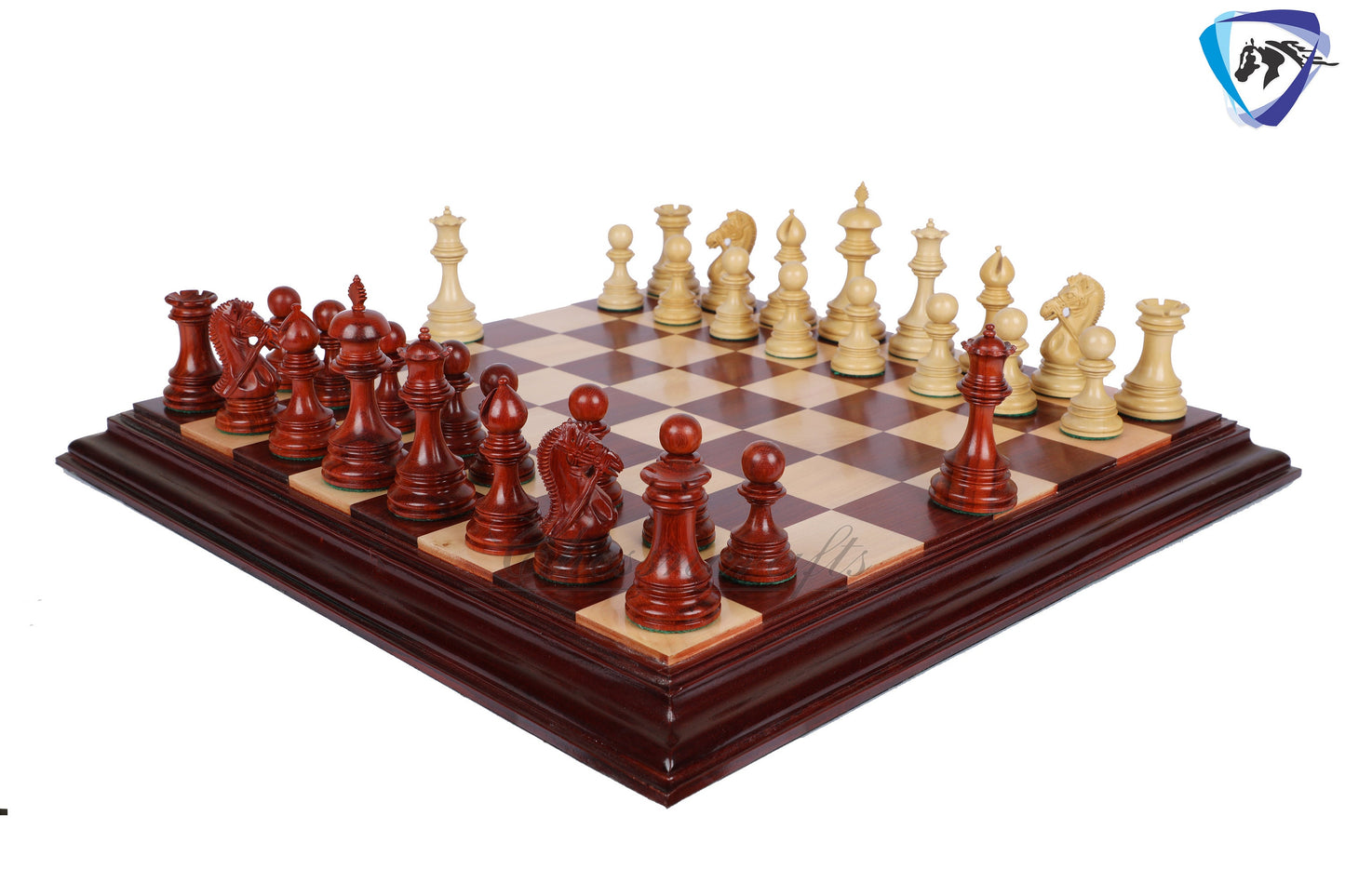 Wooden Staunton Chess Set-King: 4.5" Bud Rose wood -BRIDLED  + 21" Bud Rose wood Chess board STEP BORDER with Storage Box.