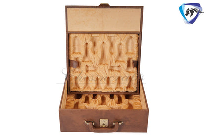 TAN BROWN Leatherette Coffer Storage box for Chess Pieces of king Height: 4.0" to 4.5"- 2 Trays, Velvet lining & Lock w/ handle.