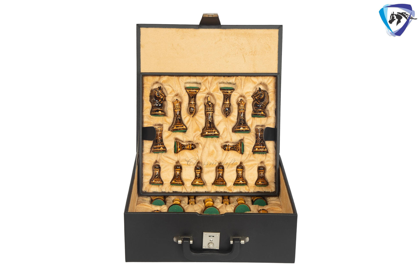 4.1" Staunton Chess pieces Set in Burnt Boxwood with carving-EXCALIBUR  + 23" Ebony wood Chess Board(60MMSQ) + Leather Storage Box COMBO