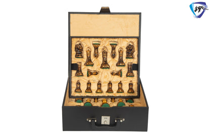 4.1" Staunton Chess pieces Set in Burnt Boxwood with carving-EXCALIBUR  + 23" Ebony wood Chess Board(60MMSQ) + Leather Storage Box COMBO