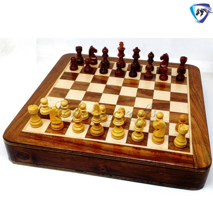 Wooden Magnetic Travel chess board game set flat w/ Drawer Golden Rosewood Hand crafted with Staunton Chess men + storage + Personalisation