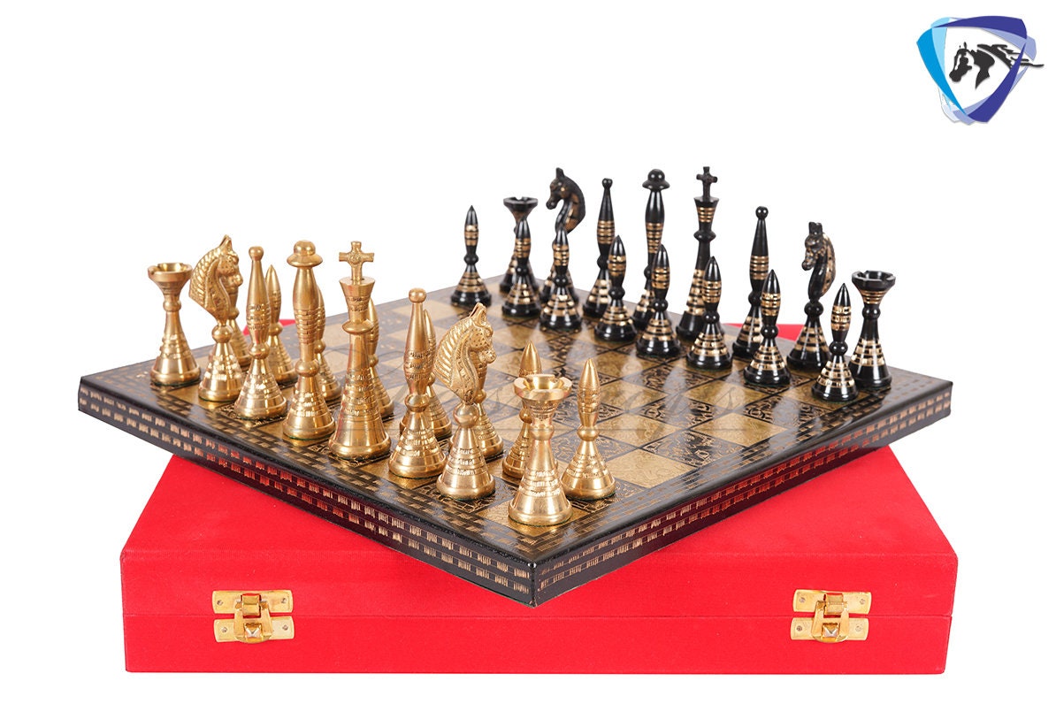 12" Solid Brass Metal Hand carved Chess set- Minar (Tower) chess men Carving with velvet storage box - Vintage Collector antique series