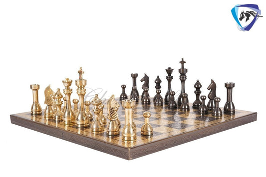 14" Solid Brass Metal Chess set- Apple bottom chess men Carved with velvet storage box - Vintage antique set- Brass Chess board set.
