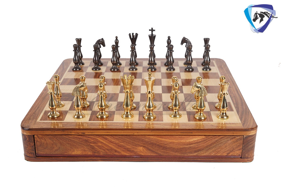 16" Brass Chess Board Set CLASSICAL Chess Pieces Black-gold and Rosewood Chess board with Storage drawer | Chess Gift /CHRISTMAS