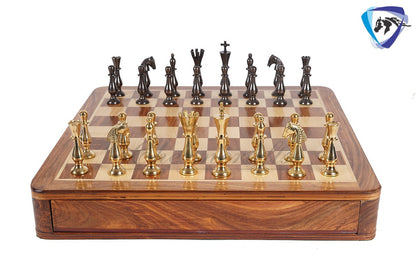 16" Brass Chess Board Set CLASSICAL Chess Pieces Black-gold and Rosewood Chess board with Storage drawer | Chess Gift /CHRISTMAS