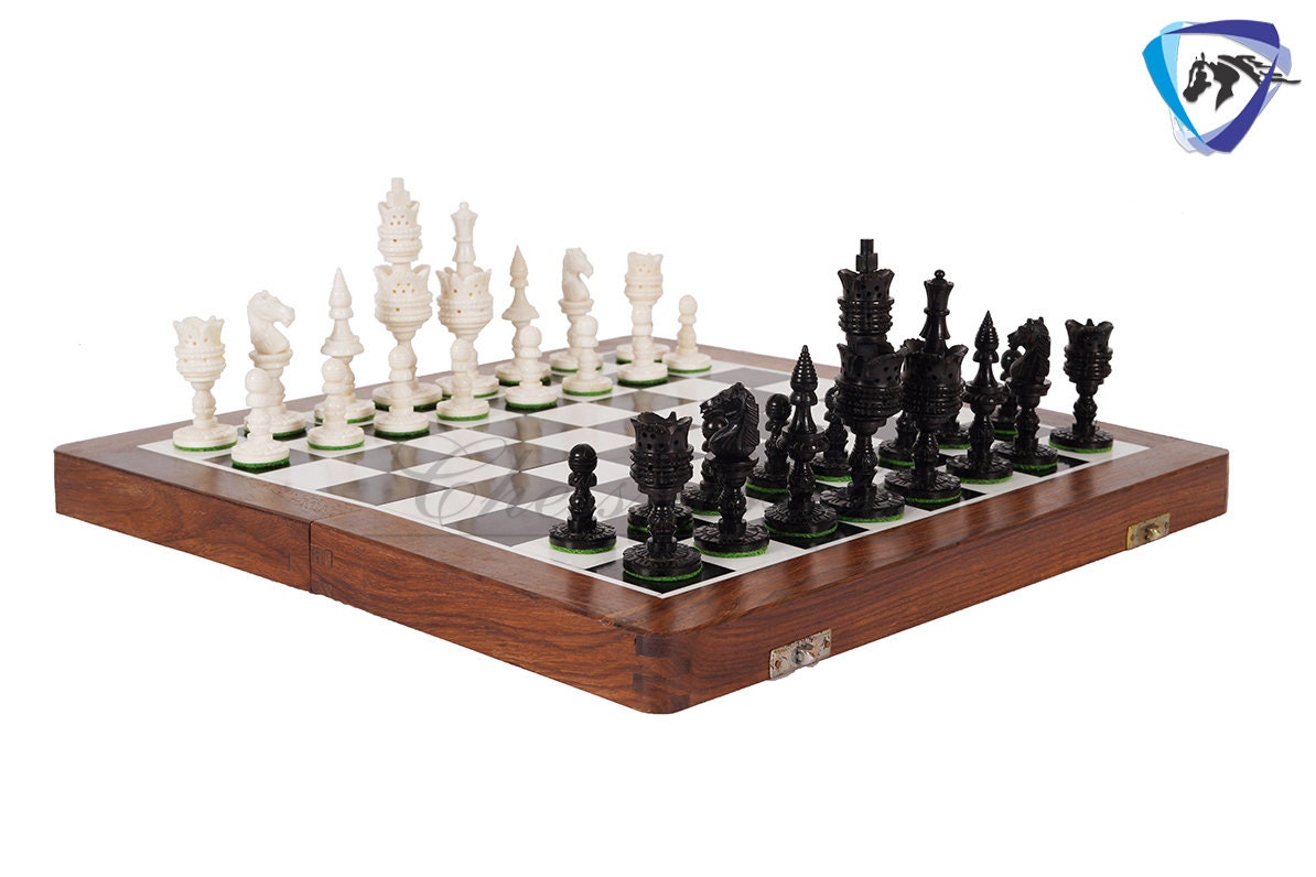 4.1" Camel bone chess set Lotus handmade Carved chess pieces | chess gift| christmas gift | chess board set | Inlaid foldable chess board