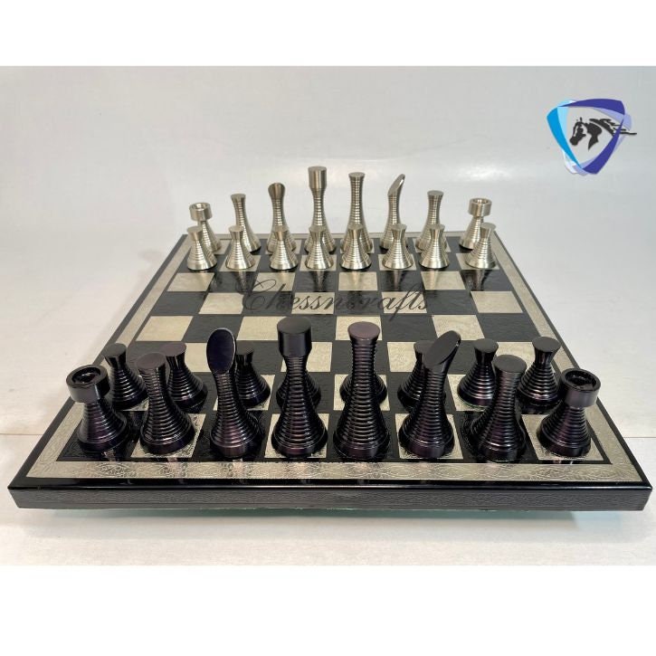 14" Brass Chess Board set- BLACK SILVER Slim Rings chess men Carved with velvet storage box - Luxury Brass Chess board set Gift for him