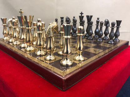 14" Brass Metal Chess Set with Brass chess Board and velvet storage box King 3.5" classical design gold & black glossy pieces.
