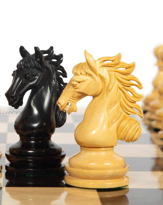 4.5" Staunton Ebony wood Chess pieces Set- WILD STALLION + 21" Ebony wood Chess Board STEPS border  + Leatherette storage Box.